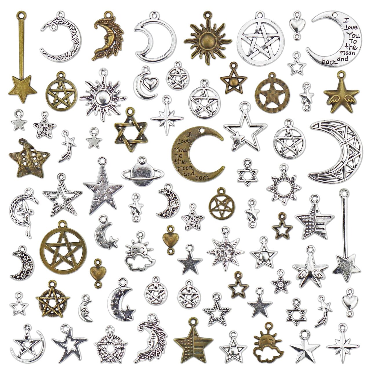 Celestial Mixed Sun Moon Star Charms, Wholesale Bulk Lots Antique Alloy Charms Pendants DIY for Necklace Bracelet Jewelry Making and Crafting, 100g(74PCS)